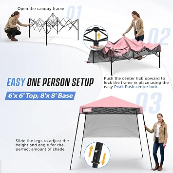 EAGLE PEAK 8x8 Pop Up Canopy Tent with Sidewall, Compact, Portable Slant Leg Instant Sun Shelter for Beach, Sports, Camping, 8x8 Base 6x6 Top, Tender Pink