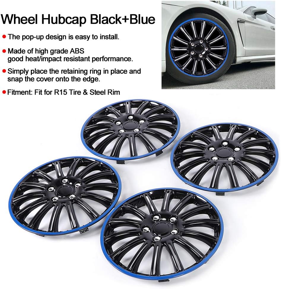 15in Hubcaps Wheel Covers, 4pcs Type Wheel Cover Black Blue Hub Wheels Rim Cover for R15 Tire and Steel Rim, Auto Tire Replacement Exterior Rim Protectors Cover