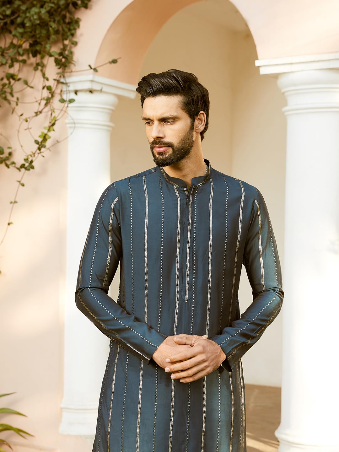 See Designs Men Full Sleeve Teal And Gold Chanderi Silk Sequins Mandarin Collar Side Slit Kurta With Pyjama - Sdkt242801Xs