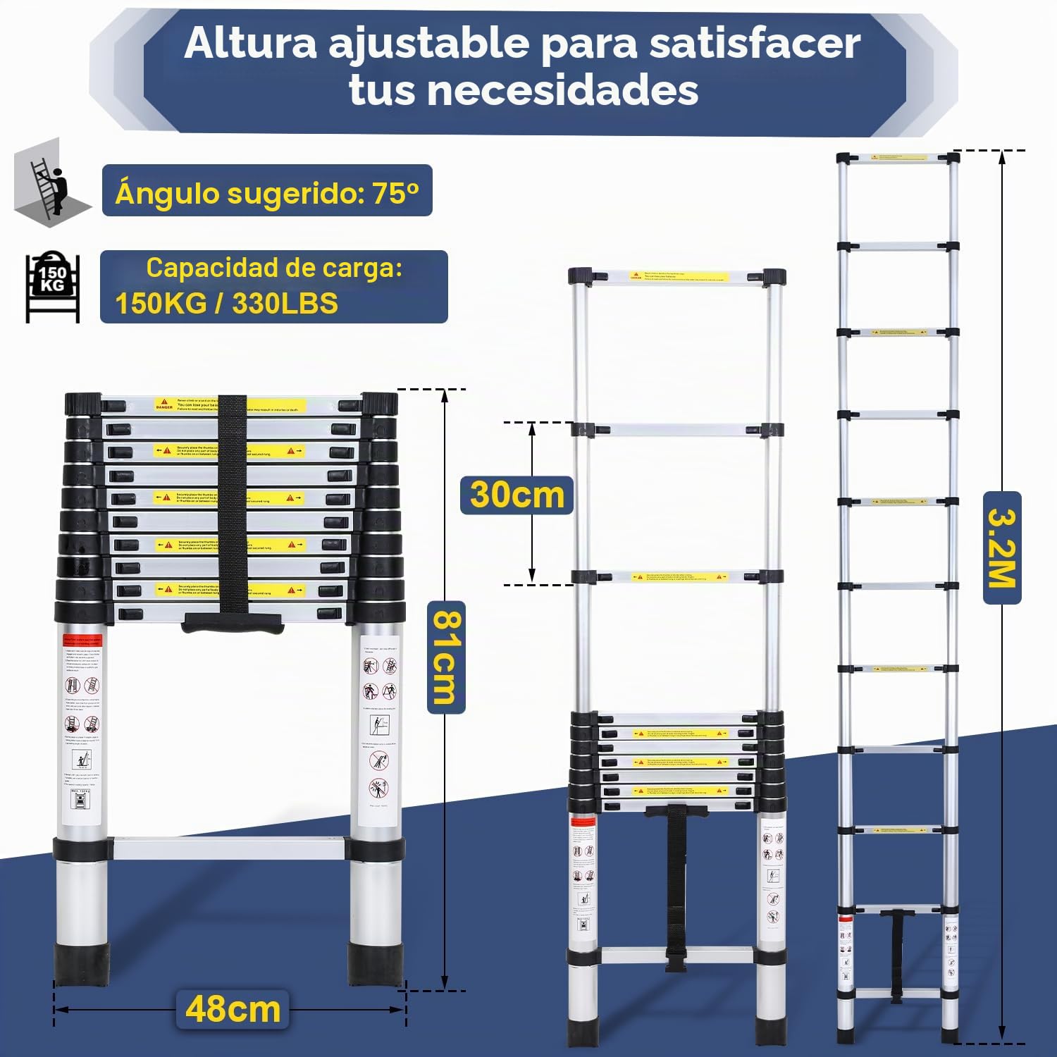 Escalera telescópica de aluminio de 3,2 m, extensible, con asa de transporte, antideslizante, multiusos, soporta hasta 150 kg