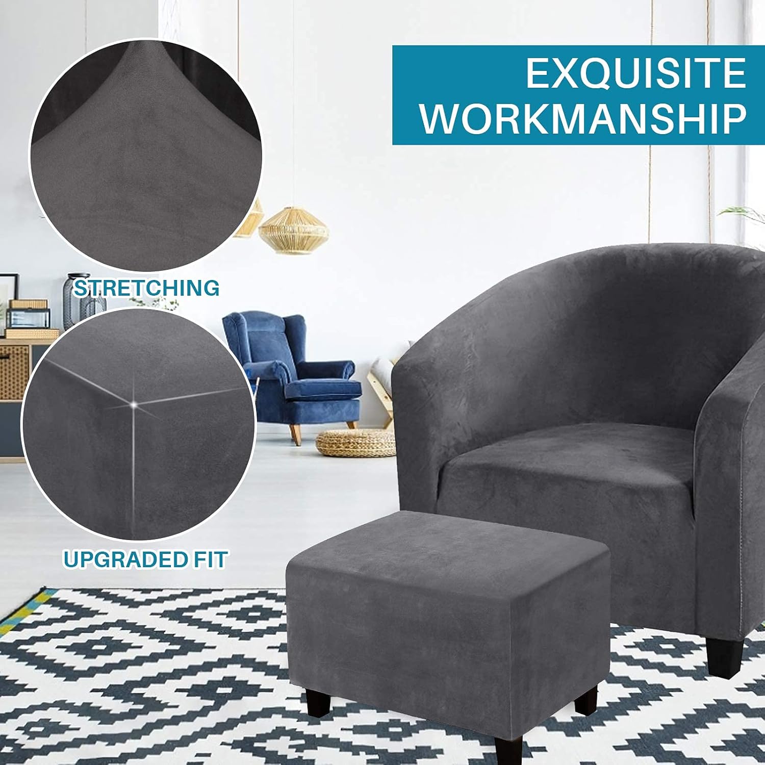 TOPCHANCES Club Chair Slipcover Armchair slipcover Bundles Rectangular Ottoman Slipcover Footstools Covers 2 Piece Sets Furniture Protective Cover (Gray, L)