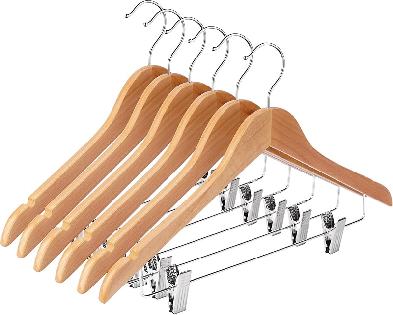Wooden Hangers with Clips 12 Pack Wooden Pants Hangers,Skirt Hangers with Adjustable Clips,Hangers for Pants,Jeans,Slacks,Shorts（Natural）