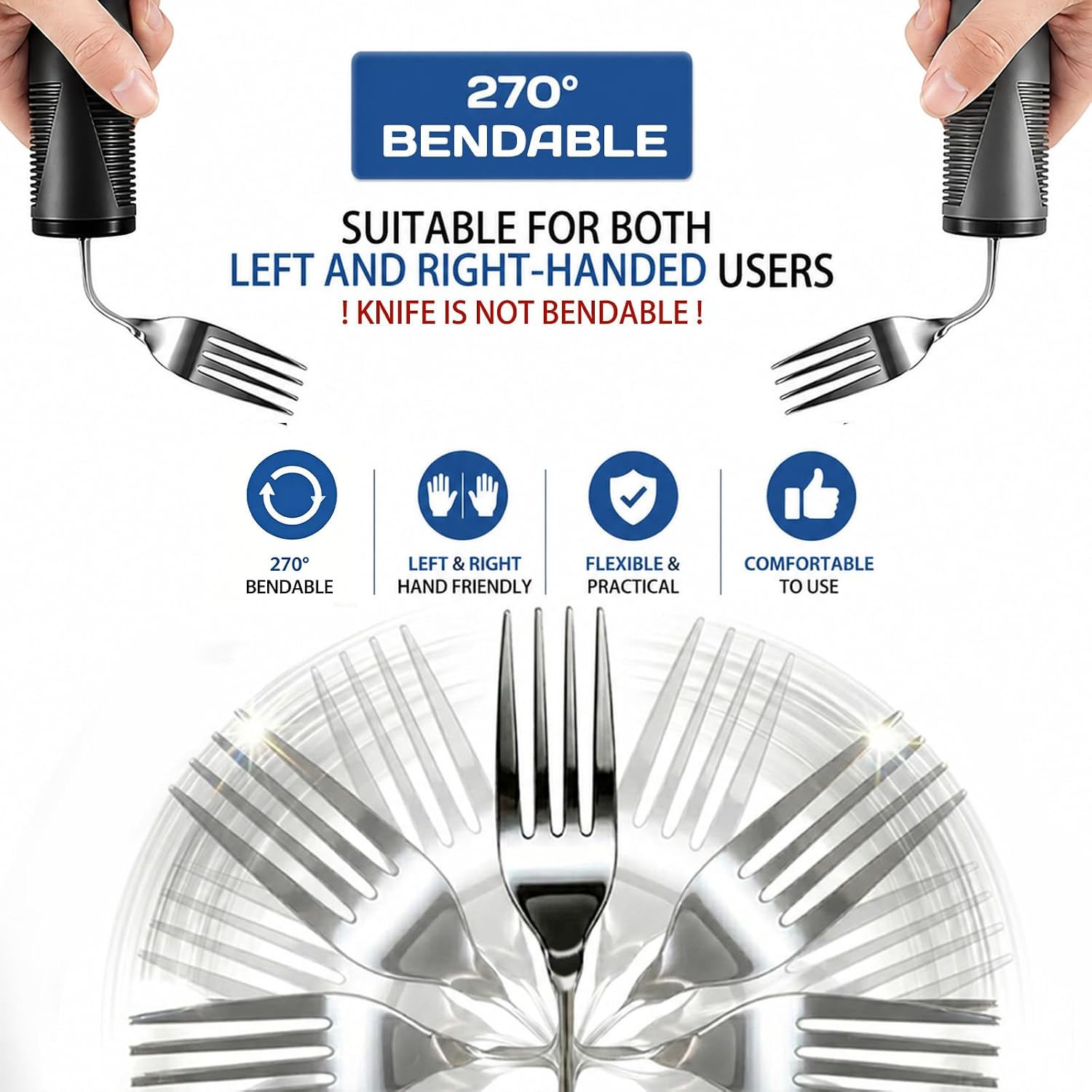 Holotap Adaptive Utensils 270° Adjustable for Hand Tremors,Elderly 4PCS | Black, Deep 3.2-3.5oz spoon, light weighted anti-shake design, non-slip thick handle, one-hand/left-hand use, dishwasher safe