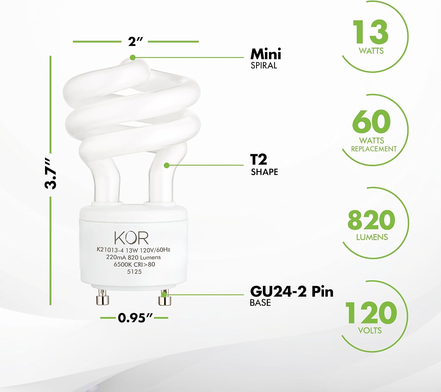 KOR GU24 CFL Light Bulbs, 13W 60W Equivalent, 5000K Bright White, 4-Pack image 2