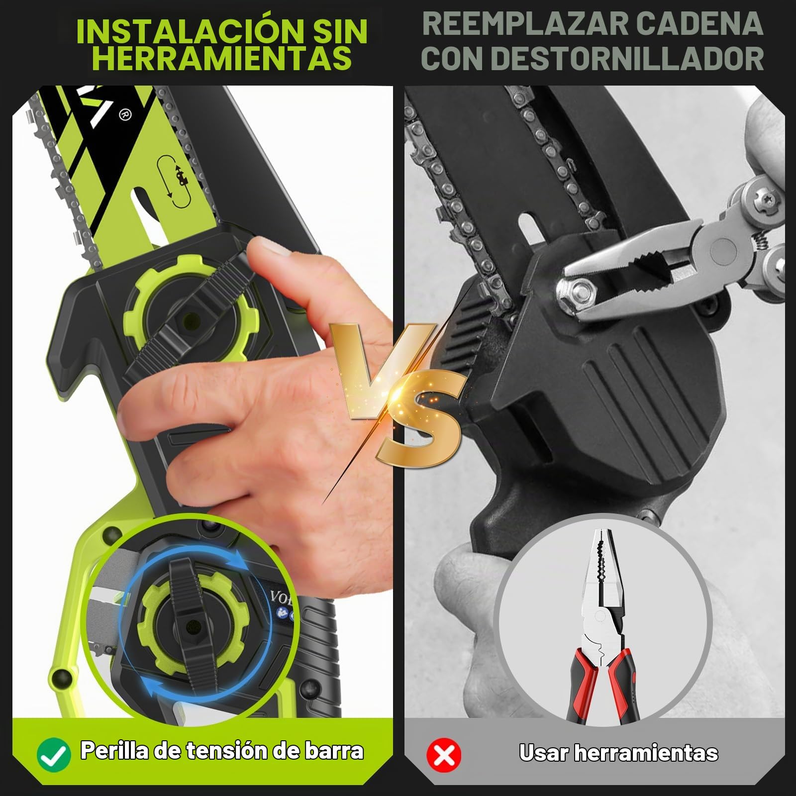 VOERJIA Akku Kettensäge 21V, Mini Kettensäge 6 & 8 Zoll mit automatischer Kettenschmierung, 2x 4.0Ah Akku, bürstenloser Motor, Handkettensäge für Baumschnitt, Garten & Holzarbeiten