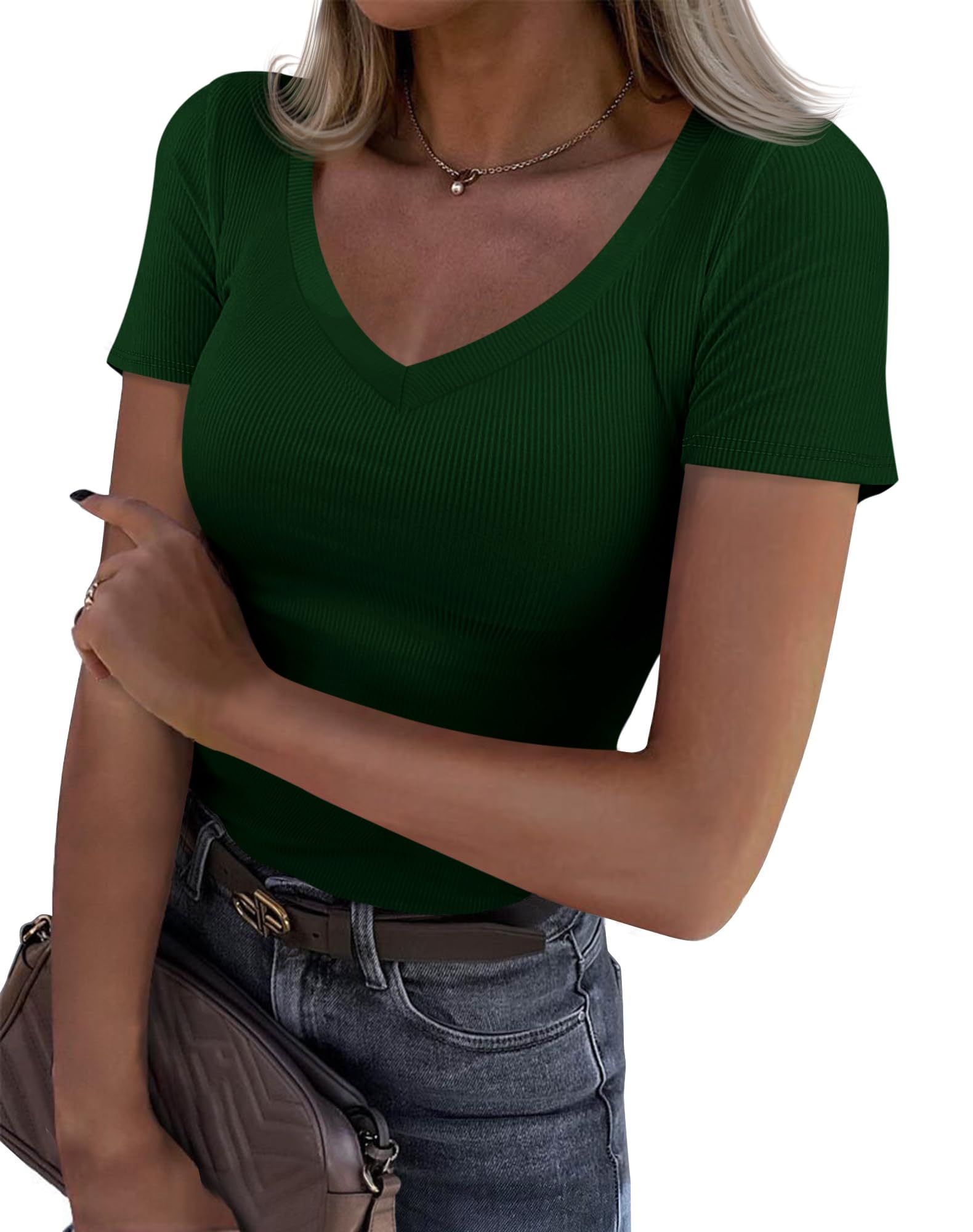 Imily Bela Damen T-Shirt Sexy Kurzarm Shirt mit V-Ausschnitt Sommer Basic Oberteil Slim Fit Tee Tops