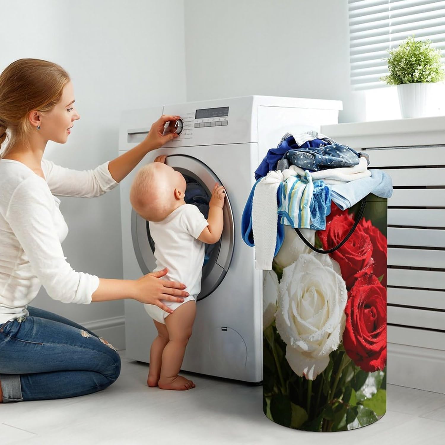 Floral White Rose Red Laundry Hamper with Handles Waterproof Collapsible Laundry Basket Large Lightweight Round Dirty Clothes Hamper for Home Dorm Bathroom Decor