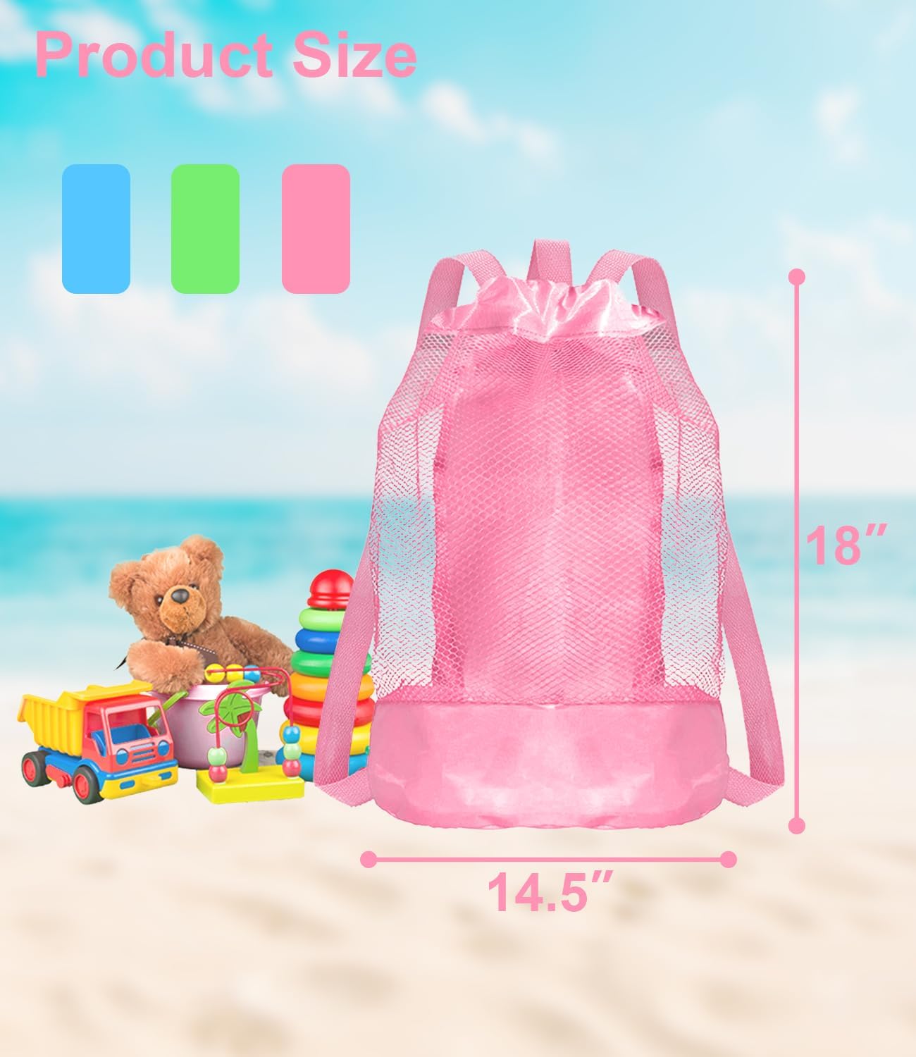 Beach Toy Bag, 3pcs Mesh Sand Toys Backpack for Sandbox Buckets, Travel Beach Vacation Essentials for Kids, Shell Collecting Bag Tools, Beach Must Haves Sand Box Toys Seashell Bags