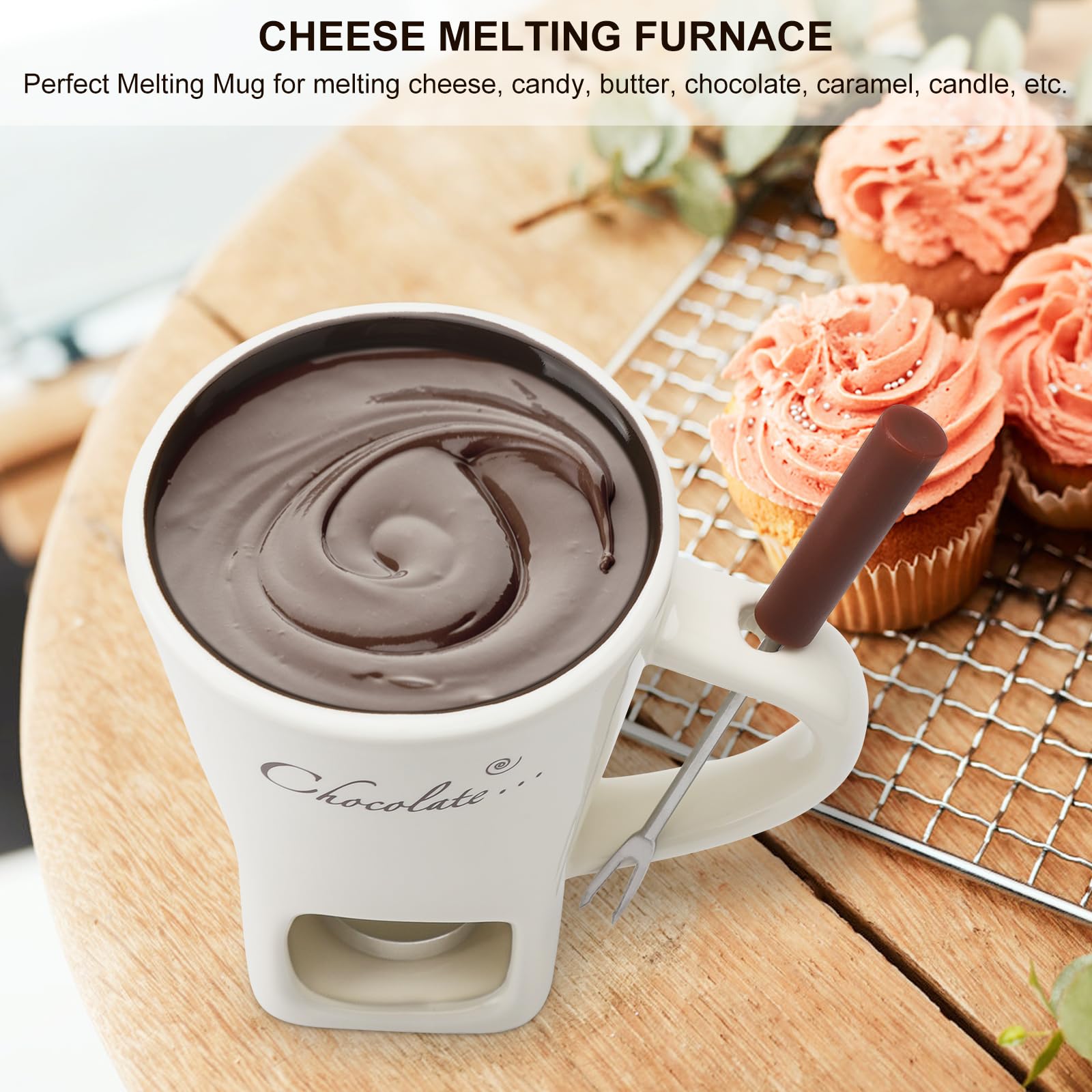 Filiżanka do fondue czekoladowego z widelcami, 200 ml, ceramiczny zestaw do czekoladowego fondue, kubek do topienia czekolady, zestaw do fondue z widelcem i podgrzewaczem, do sera, czekolady, masła