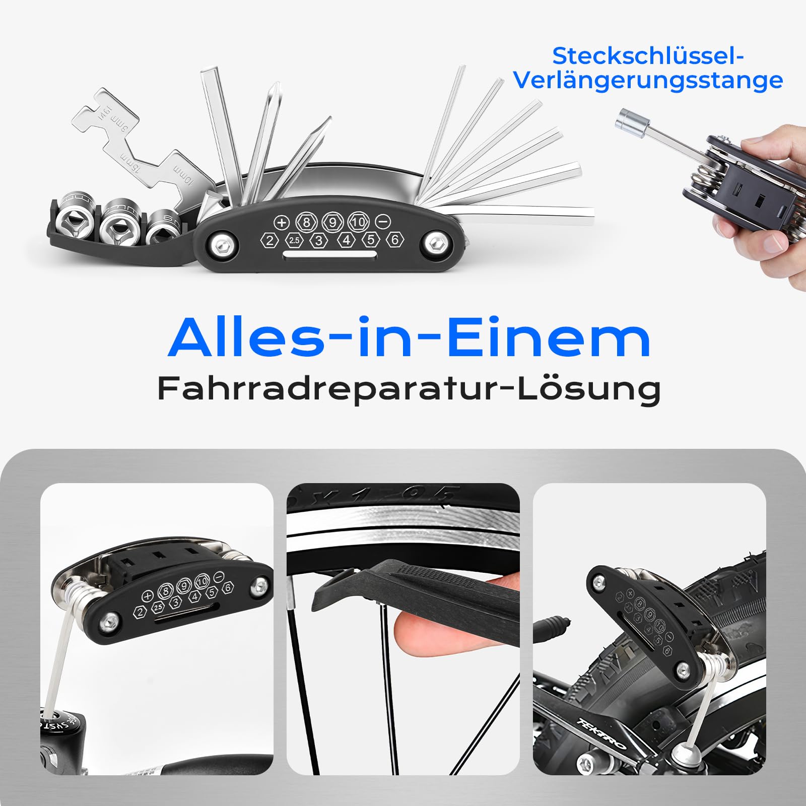 Fahrrad Reparaturset | Fahrrad Zubehör | Fahrrad Multitool 16-in-1 | Fahrrad Flickzeug Set für unterwegs | Faltbares Fahrrad Reparaturset aus Stahl | Kompakt & Leicht | Schwarz
