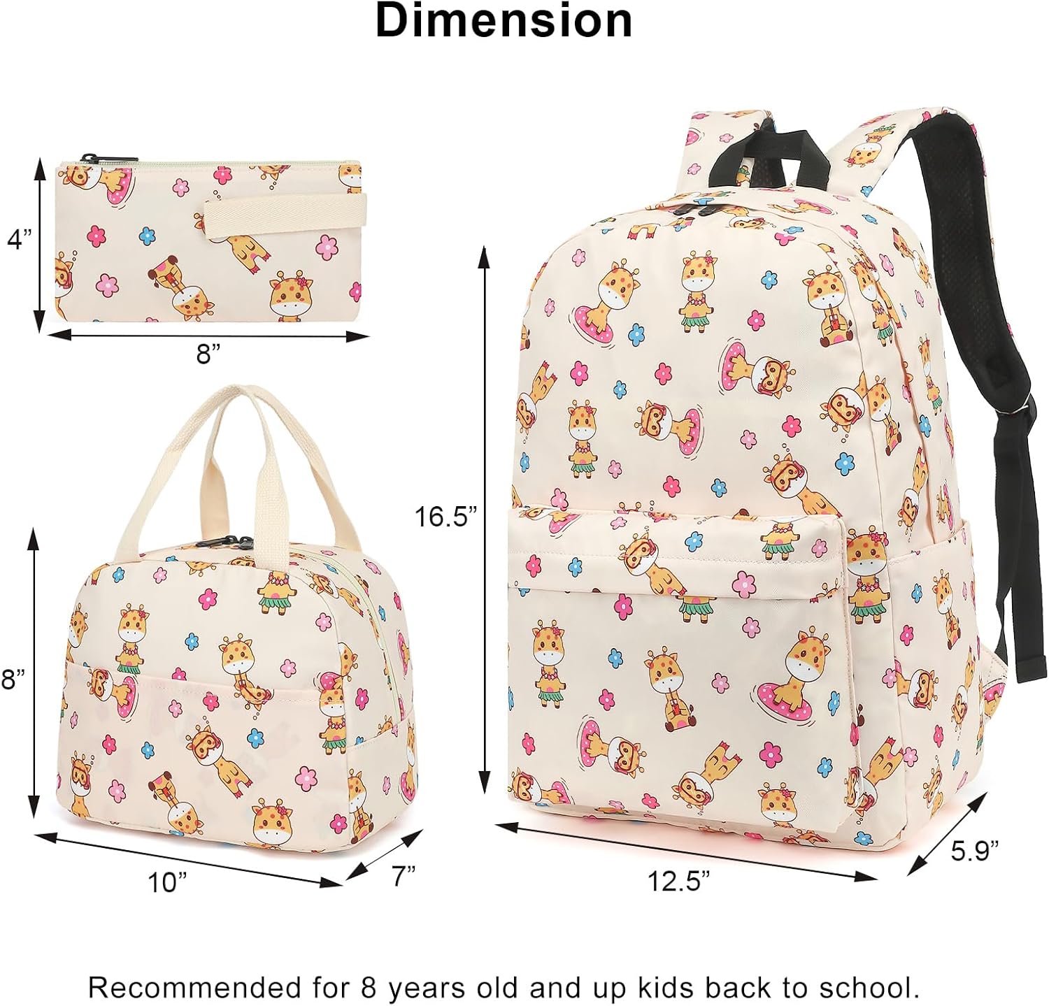 Giraffe School Backpack for Girls, 3Pcs Waterproof Lightweight Kids Student Backpacks with Lunch Bag and Pencil Case