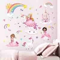 Stickers Muraux Licorne Arc-en-ciel - 2 Feuilles 30x90cm - PVC Autocollant - Pour Chambre Enfant