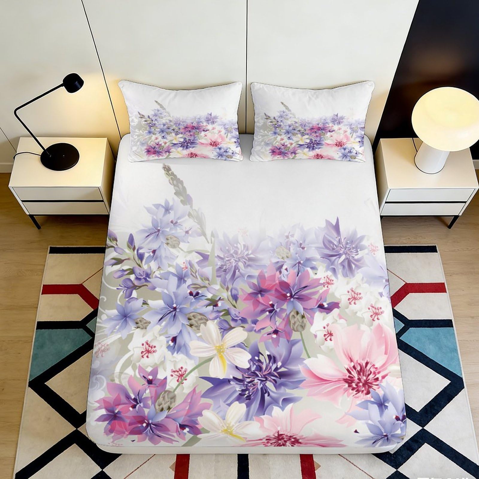 Jqzkxnhpbr Style-8 3D Printed Floral Meadow Fitted Sheet Microfiber Soft Pink Purple Blossom Bed Sheet For Bedroom Guest Room Decor 90X200x25cm