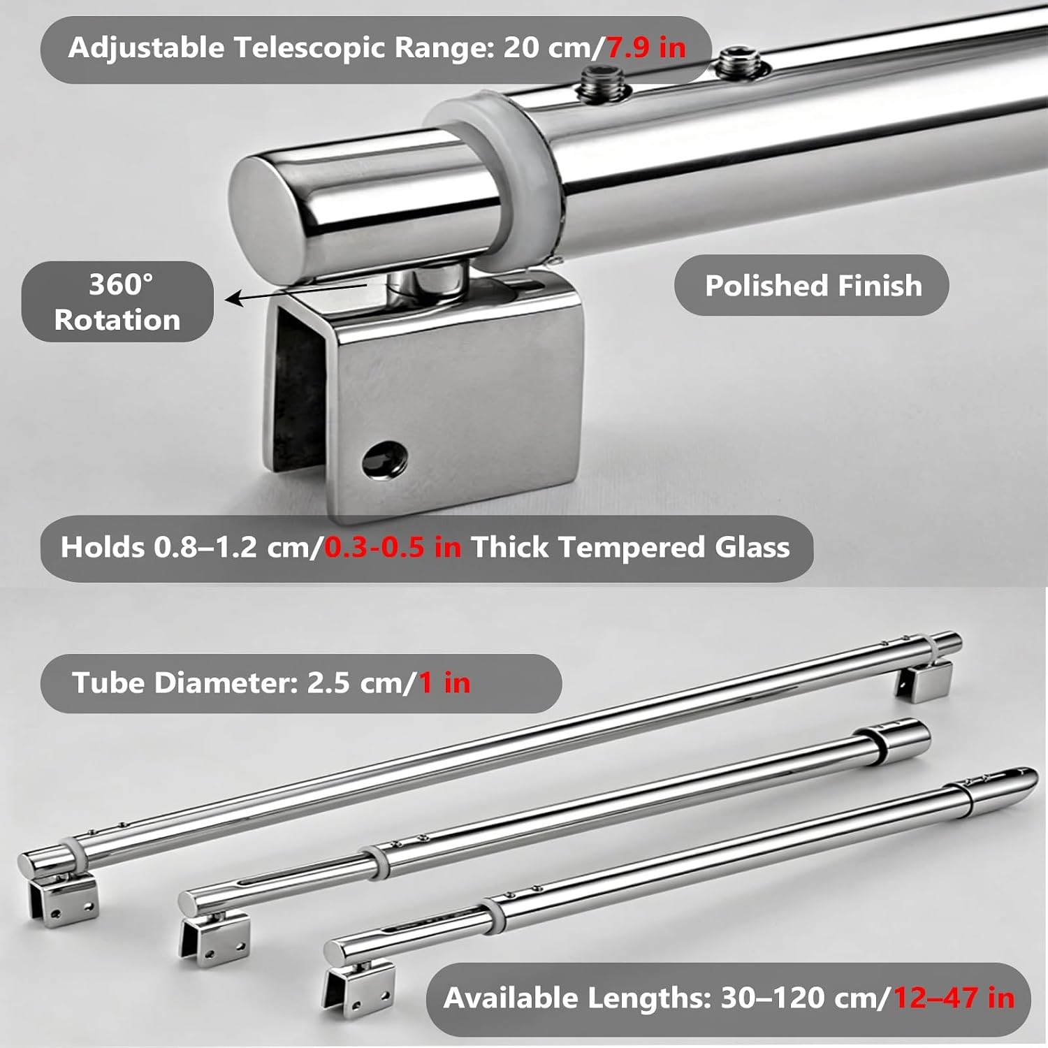 Adjustable 360° Rotating Shower Door Support Bar, Telescopic Stabilizer Rod for Frameless Glass Screens, Bathroom Glass Hardware (40-60cm/15.7-23.6in)