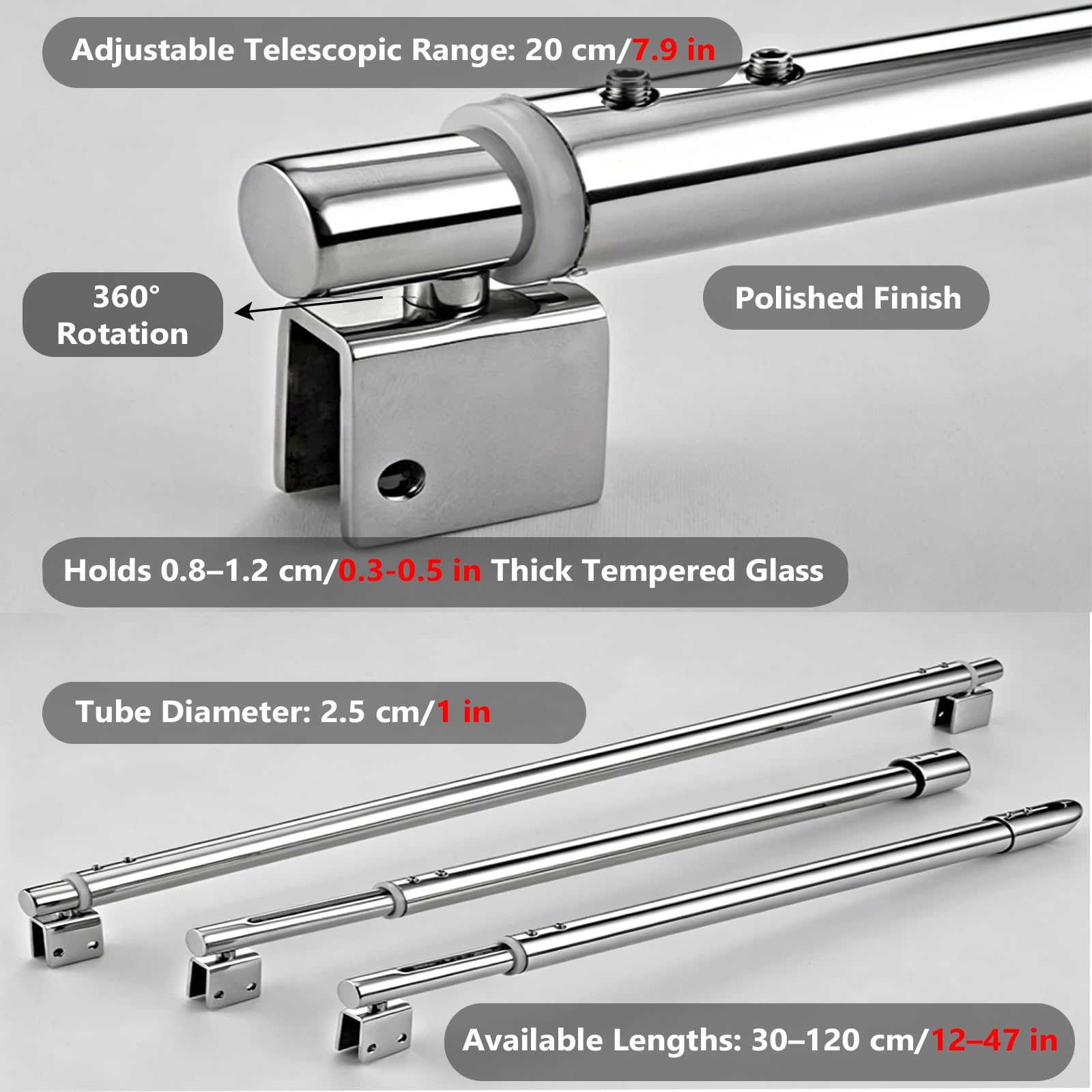 Barra di Supporto stabilizzatrice per pareti divisorie in Vetro Senza Telaio per acquari - Asta di Supporto Regolabile per Porte in Vetro con Base Girevole, Spessore 8-12 mm, Lunghezza 11,8-
