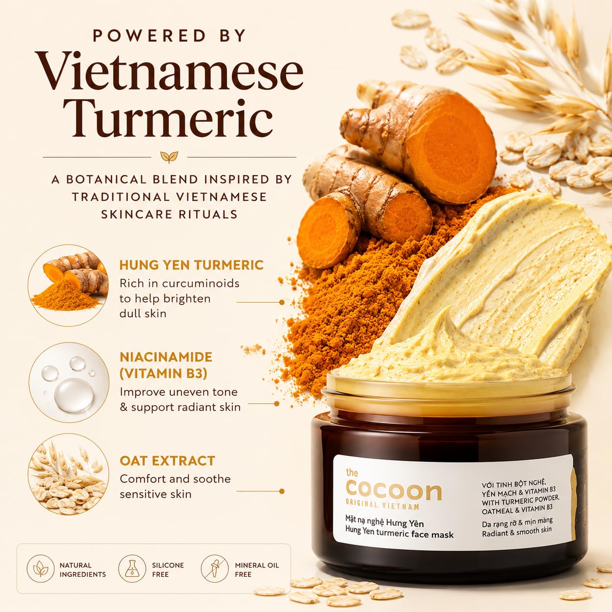 COCOONORIGINAL Vietnam Hung Yen Turmeric Face Mask 30ml / 1.01 fl oz – Brightening Clay Mask with Turmeric & Niacinamide for Dark Spots, Dull Skin & Uneven Tone, Vegan Facial Mask