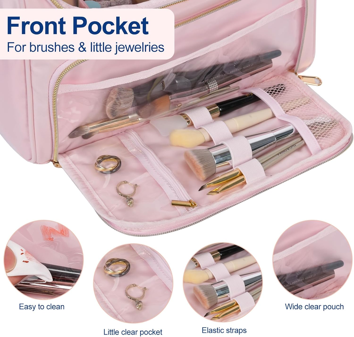 Travel Toiletry Bag Large Cosmetic Makeup Bag Organizer for Women,Wide-open Make Up Bag Waterproof Makeup Case Travel Bag with Handle and Dividers for Toiletries,Essentials,Accessories,LT Pink