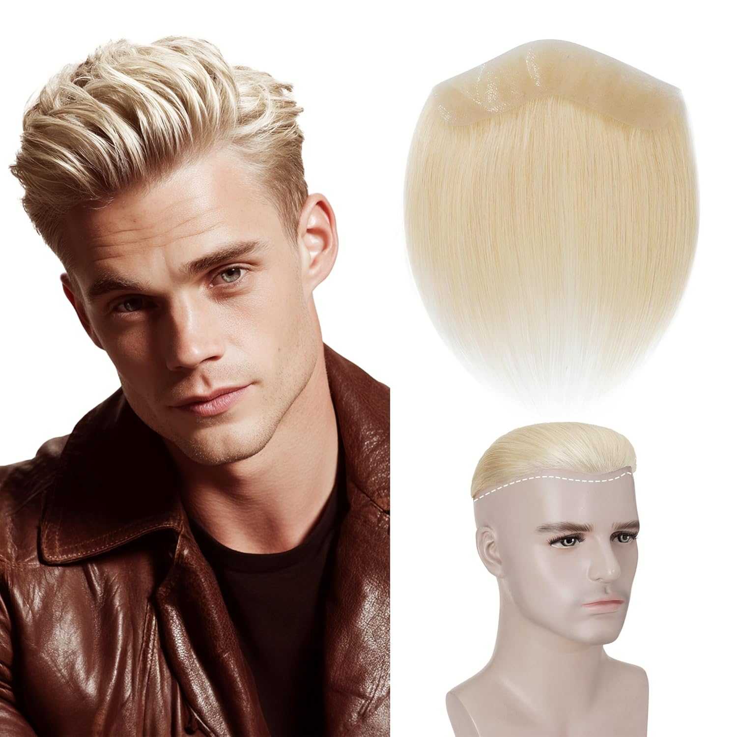 SEGO Men's Hairline Toupee 100% Human Hair Forehead Hairpiece V-Shape 1.57"x7" PU Thin Skin Base Natural Hairline Replacement（Hair:6" Long-#60 Platinum Blonde