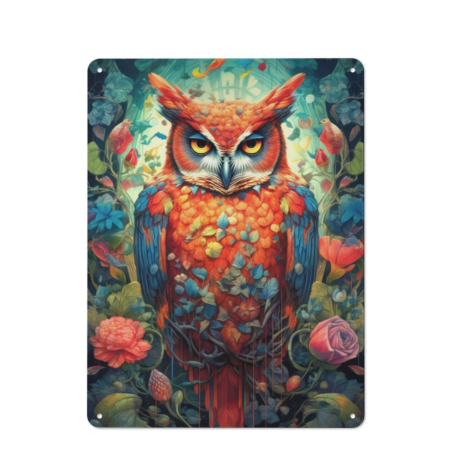 Junmoney Owl Ornament Portrait 1 Decorative Metal Sign 40X30cm, Creative Studio Wall Plaque For Hobby Room, Office, Lounge Or Living Room