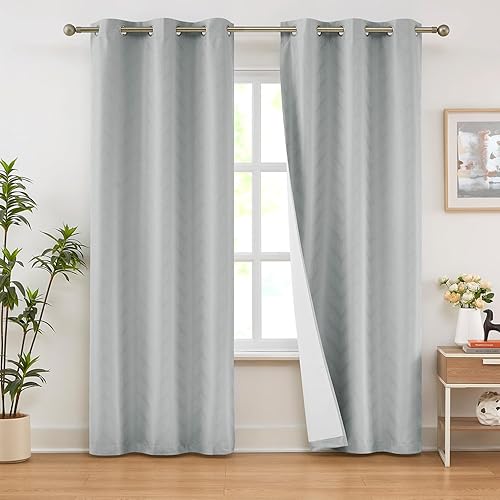Miniatura 7 de Cortinas opacas con diseño de cheurón para dormitorio, 63 pulgadas, tejido jacquard gris, juego de tratamiento de ventana para hombres, habitación