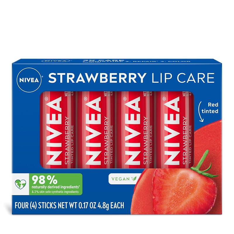 Bálsamo labial com cor de morango NIVEA com manteiga de karité, 48 unidades de 5 mL