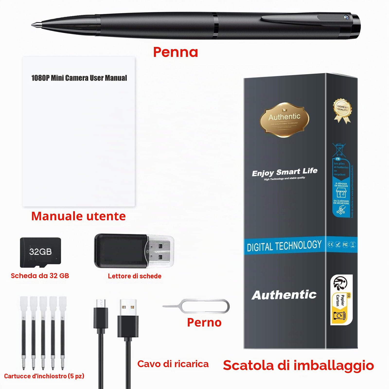 Telecamere Nascosta Penna Mini Spia Camera Pen 32 GB HD 1080P Penna Audio per Registratore Video per Riunioni di Lavoro Microcamera Spia con Registrazione Audio per Riunioni e Studio