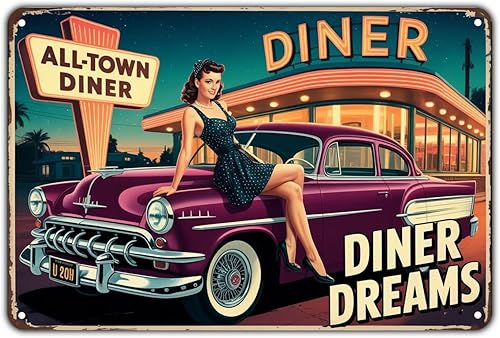 Retro Diner Girl AllTown Diner tin sign Vintage 50s Diner Car Metal Sign Print Aesthetic for Garden Yard Bar Porch Home Bedroom Kitchen Wall Decor