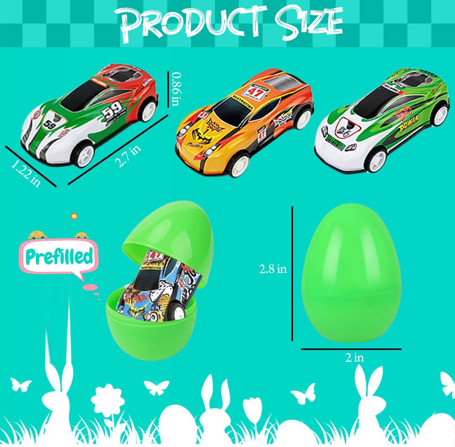 12 Pack Prefilled Easter Eggs with Toys Inside, Easter Eggs Filled Pull Back Racing Cars for Kids Easter Basket Stuffers, Easter Party Favors Supplies
