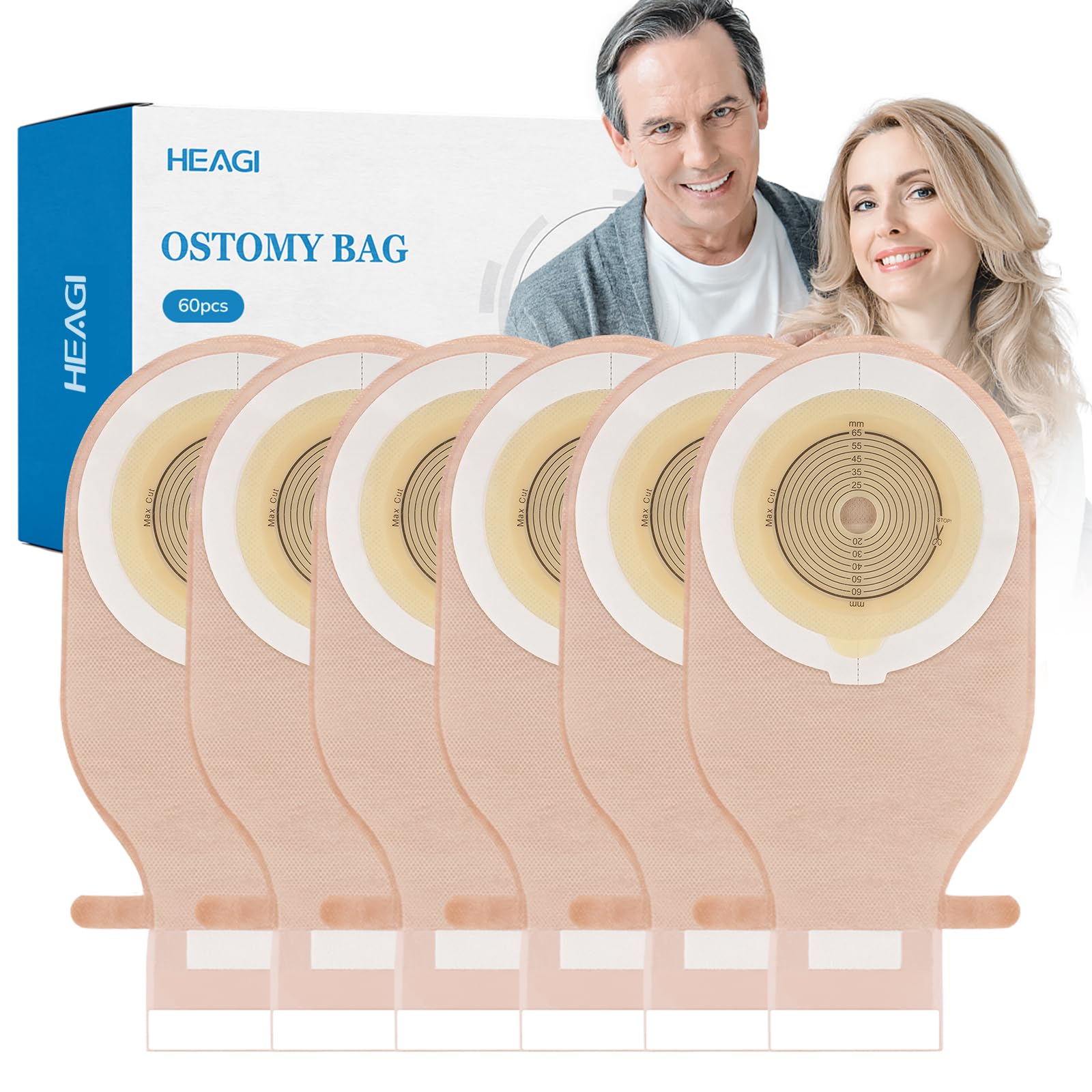 60 PCS Colostomy Bags, Ostomy Drainable Pouch, 15-65mm Cut-to-Fit