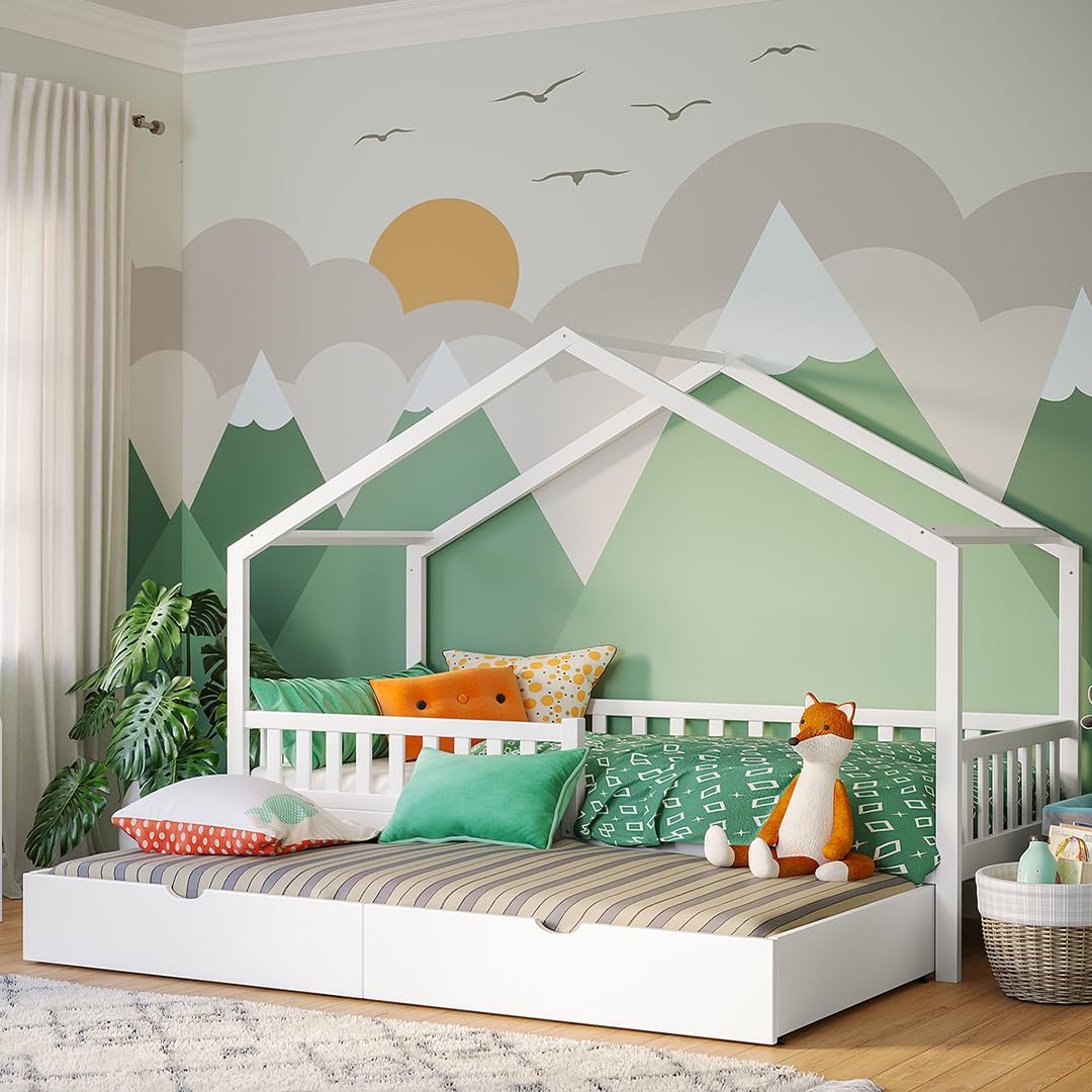Bellabino Vils Kinderbett 90x200cm, Gästebett & Hausbett, Massivholz Kiefer | Weiß, Kinderbett mit Rausfallschutz & Lattenrost, Montessori-Bett, massives Kieferholz, Bett für Jungen & Mädchen, Bettrahmen