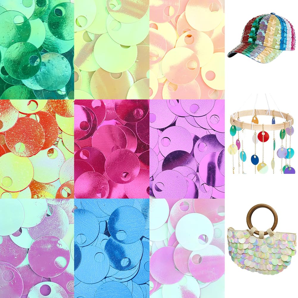 PONABEADIY 1 Box 540PCS 20MM 9 Colours Flat Large Round PVC Sequins Beads Plastic Paillettes Sequin Christmas Applique Loose Bead with Holes for Jewellery Making Necklace Earring Sewing Diy Craft