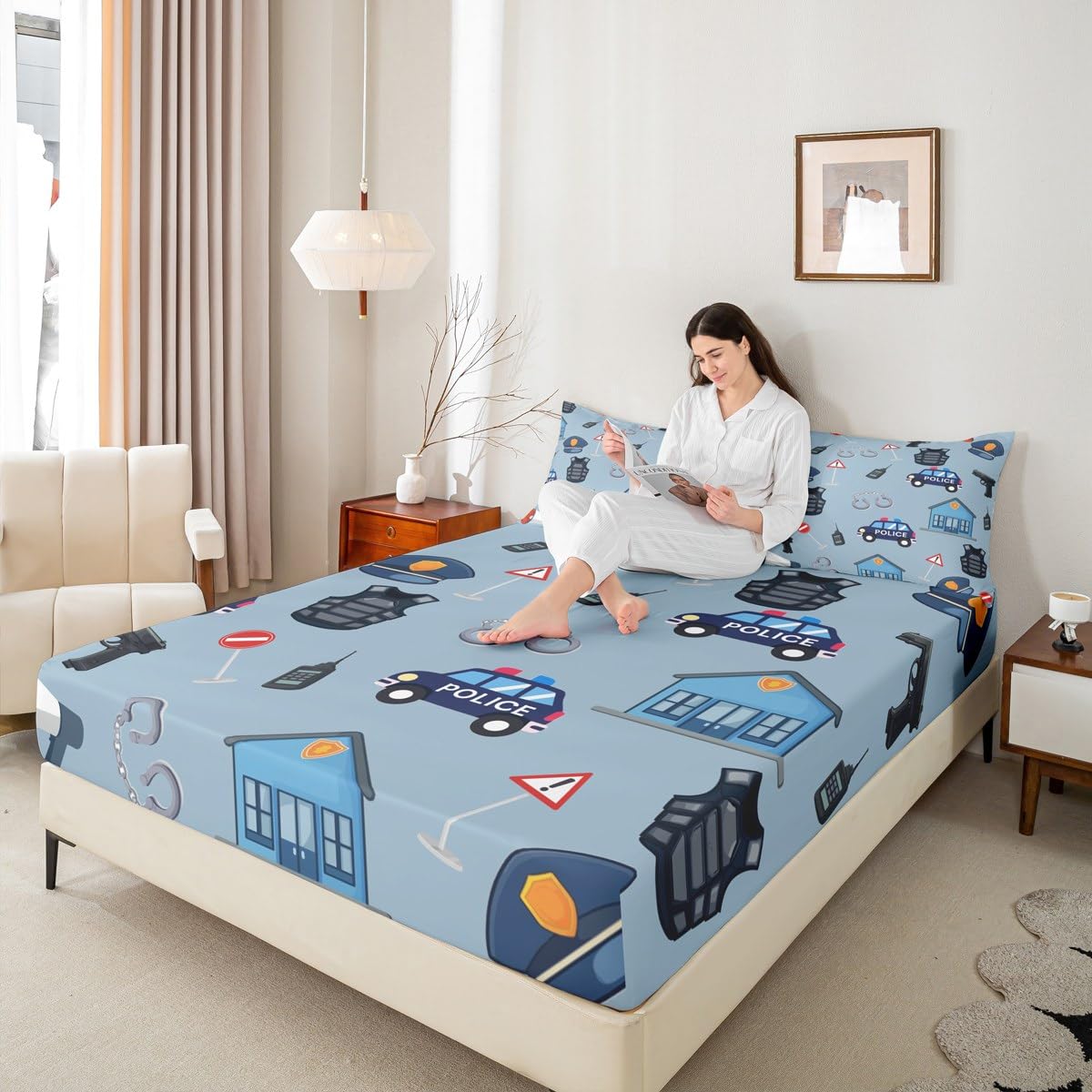 Police Car Fitted Sheet Full Size Policeman Vehicle Bedding Set 3Pcs(No Flat Sheet) Cute Cartoon Cars Print Bed Sheet for Boys Teens Room Decor Rescue Vehicles Deep Pocket Sheet