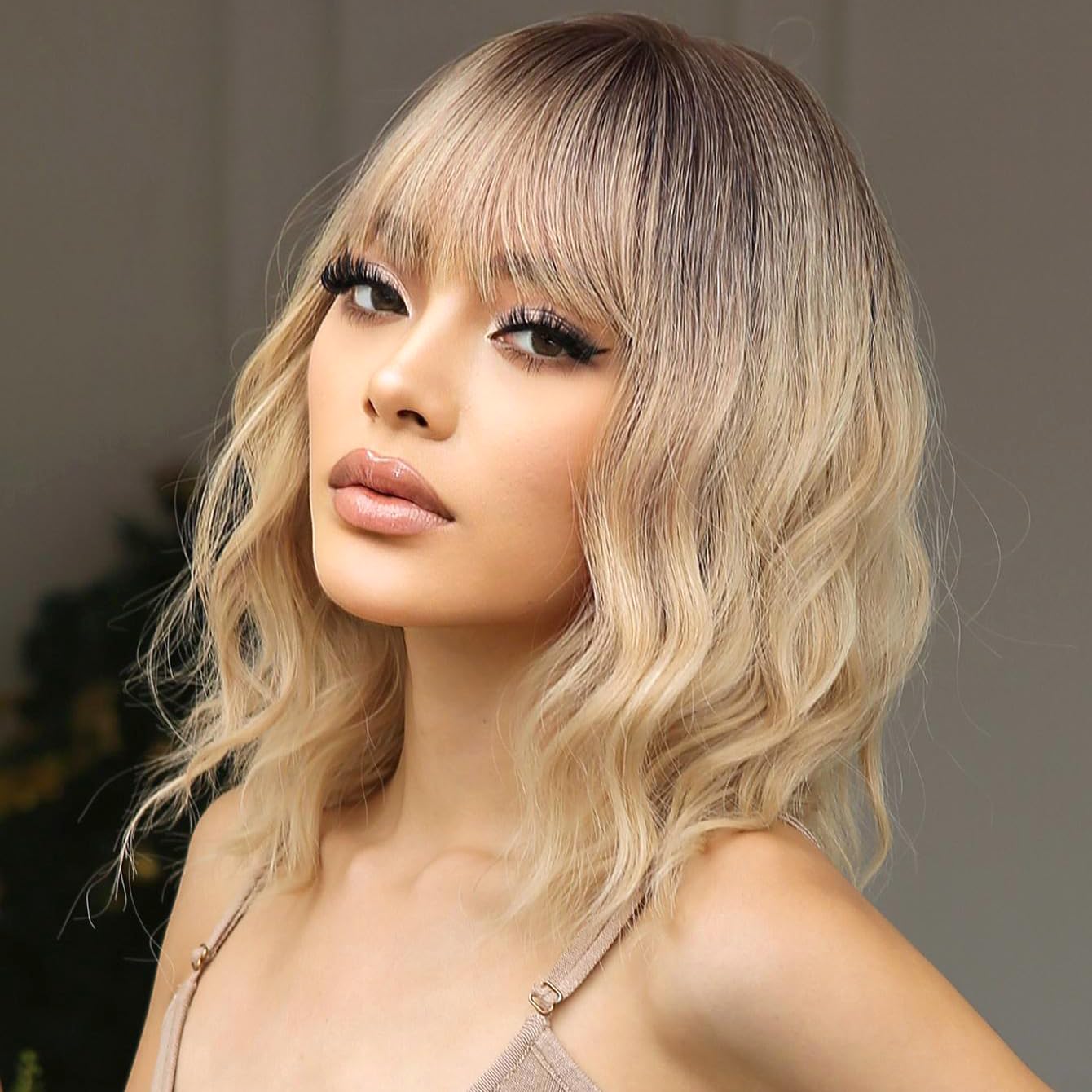 PORSMEER 14inch Blonde with Dark root Wig with Bangs - Image 3