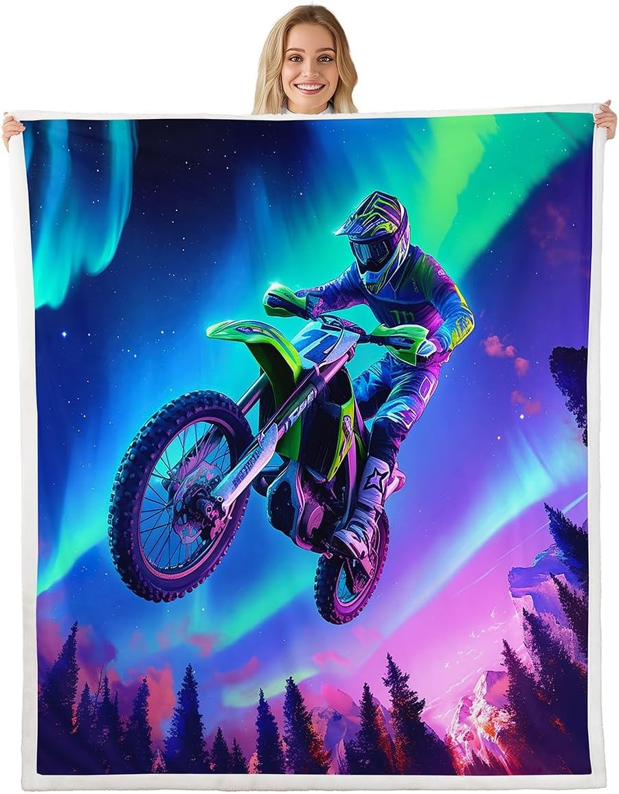 jejeloiu Dirt Bike Plush Blanket for Bed Sofa Couch Motorbike Sherpa Blanket Boys Girls Sports Plush Blanket for Bed Sofa Couch Racing Motocross Rider Fuzzy Blanket Queen 90"x90"