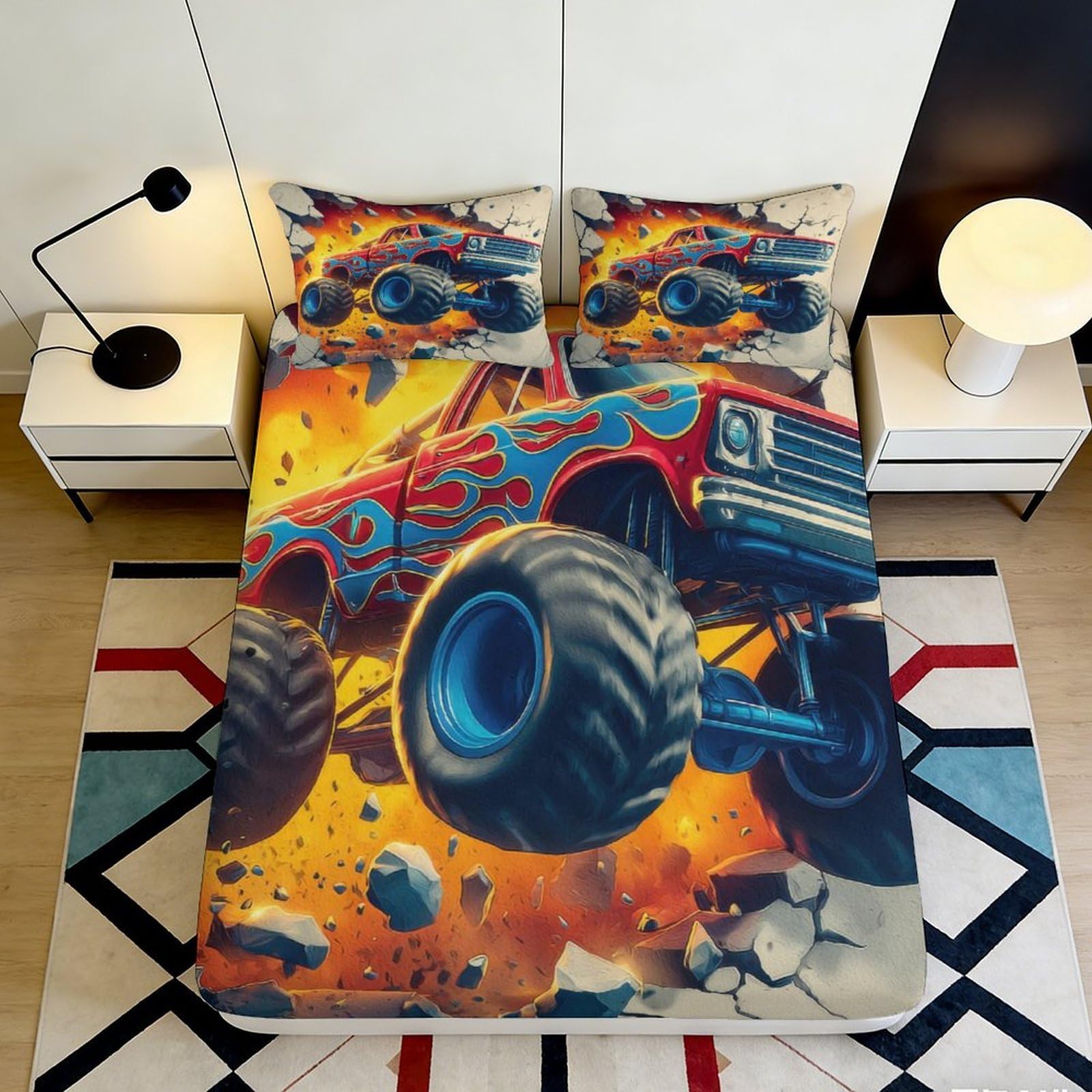 3D Printed Monster Truck Fitted Sheet Microfiber Non-slip Bed Cover Flame Wheels for Bedroom Dorm Mattress Decor 180x200x25cm
