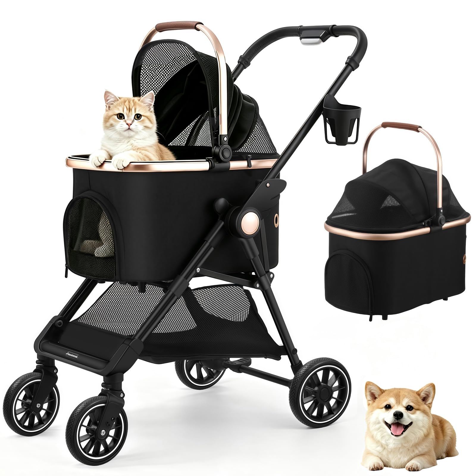 AODI 3 in 1 Pet Stroller for Small Dogs and Cats, Foldable Dog Pushchair with Detachable Carrier, All-Terrain Wheels, 2 Safety Leashes, Ventilated Mesh, Under-Basket & Cup Holder, Maximum Load 15kg