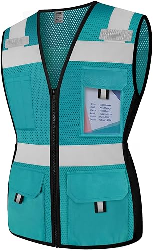 Miniatura 5 de TCCFCCT Chaleco de seguridad para mujer, chaleco reflectante de malla de 11 bolsillos con cremallera, chaleco de trabajo de construcción de neón