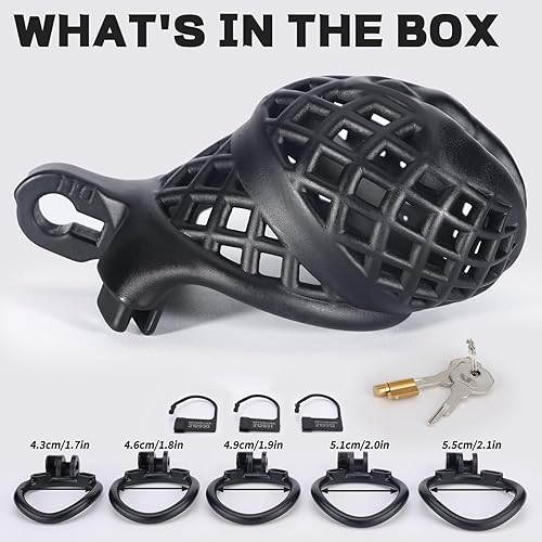 Miniatura 7 de Jaula de castidad masculina, dispositivo de castidad pequeño con anillos de 5 tamaños y sonido uretral para hombre, equipo de bondage, equipo y