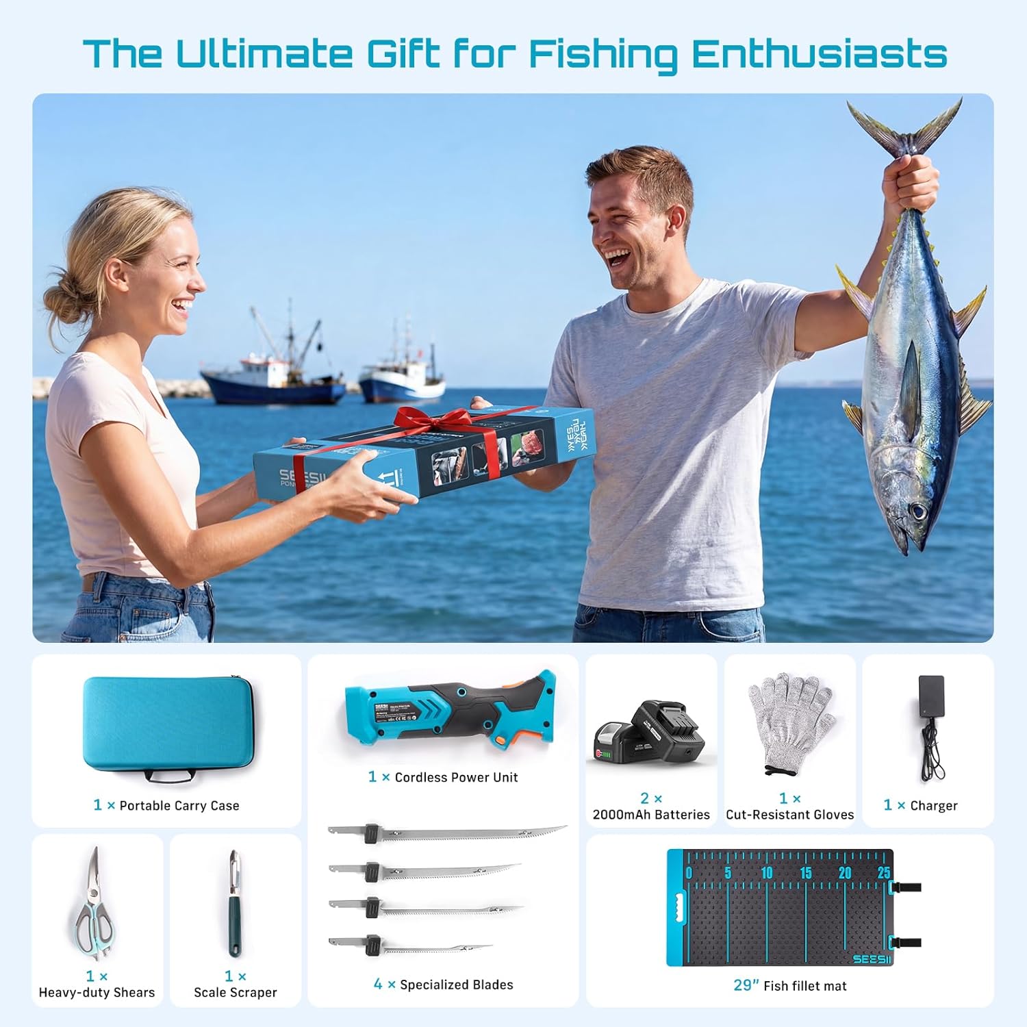 Seesii Cordless Electric Fillet Knife and Fish Fillet Mat Set, High Speed Rechargeble Filet Knife, Non-Slip Grip, Anti-slip Texture With 25" Integrated Ruler for Filleting and Meat Slicing