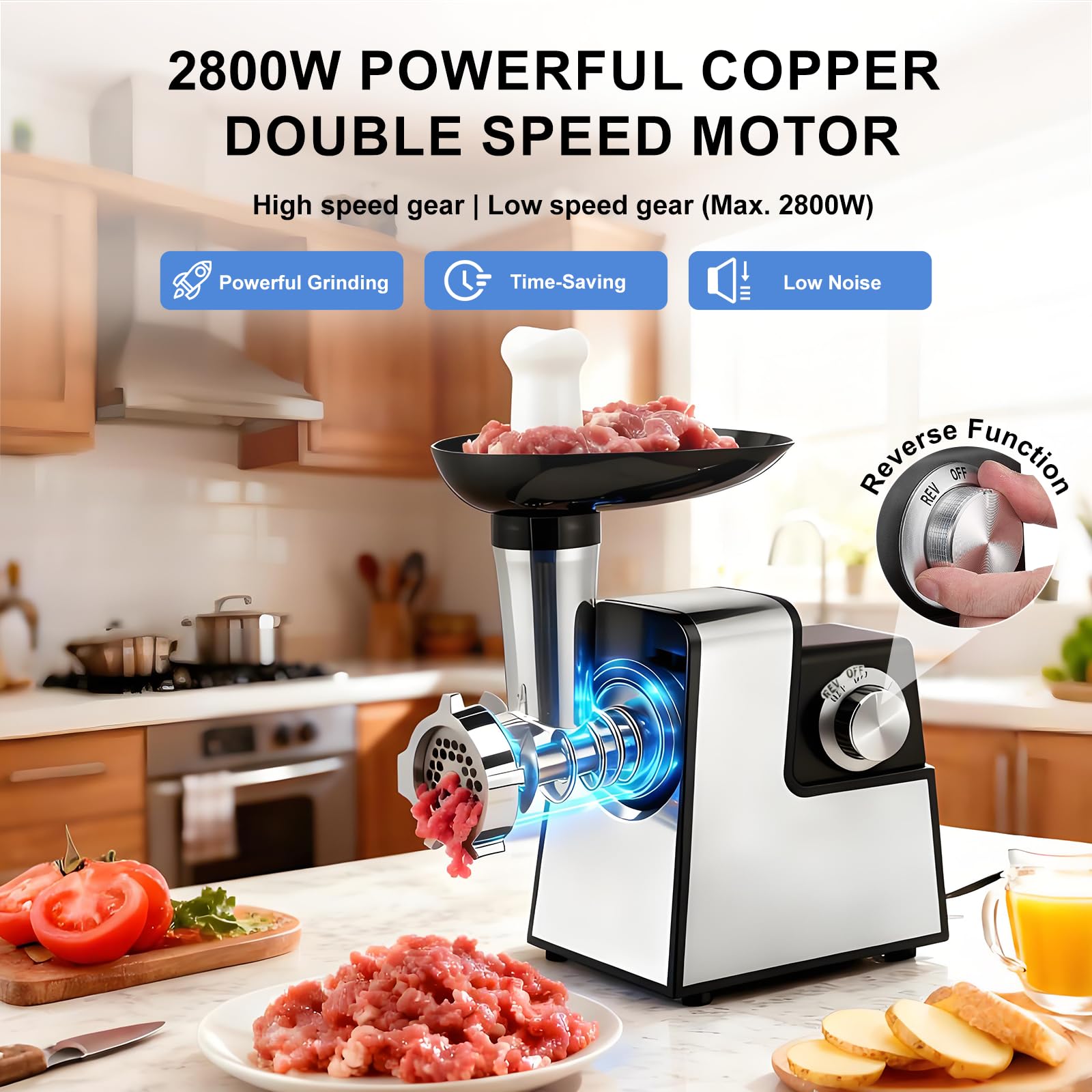 Tritacarne elettrico, insaccatrice per salsicce, inossidabile 2800 W max e tritatutto per verdure, 3 piastre di macinatura, taglierina per verdure con 5 lame affettatrici e kit Kubbe