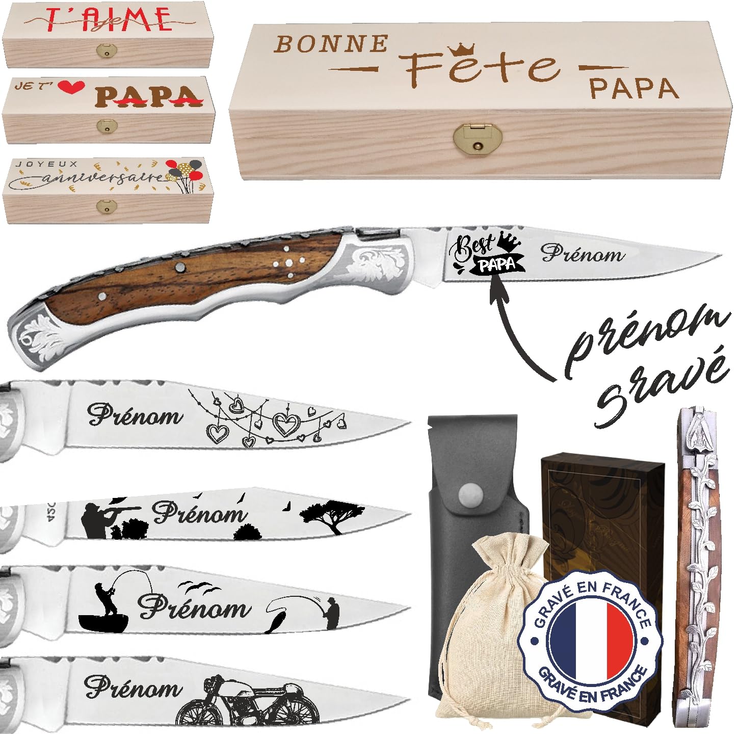 Gravure Events - Couteau de Marque Laguiole Bougna personnalisé avec prénom gravé - Cadeau pour homme : fête des pères, papa, tonton, grands pères (papi, papy) anniversaire, noël - burl (Lame 10.5cm)