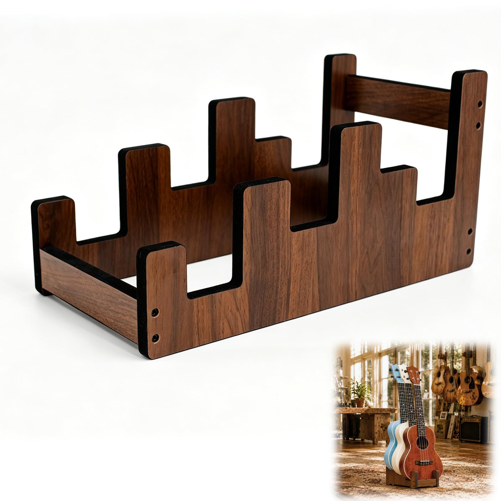 Supporto per chitarra in legno per 2 chitarre elettriche + 1 acustica | Legno massello, livelli scalati, ampia rientranza per chitarra acustica, imbottitura, antiscivolo, risparmio spazio