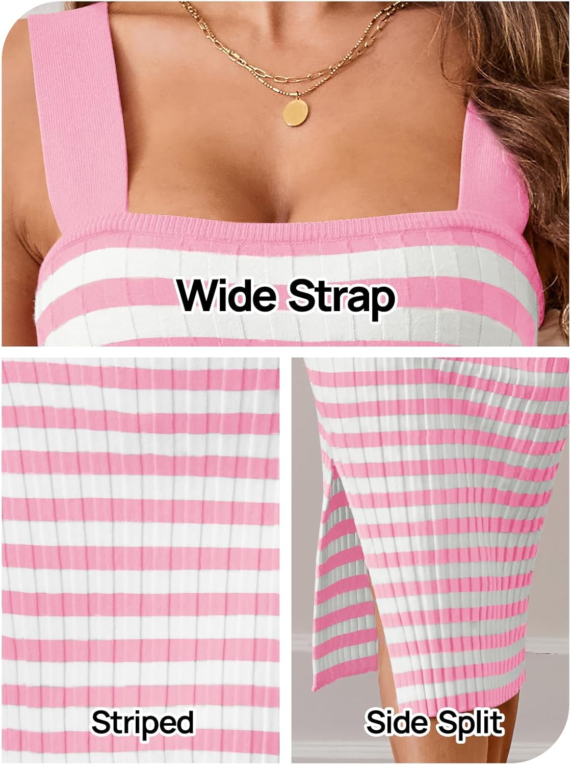 MEROKEETY Women's 2026 Summer Spring Bodycon Midi Dress Beach Vacation Sleeveless Striped Ribbed Knit Party Sweater Dresses - Image 5