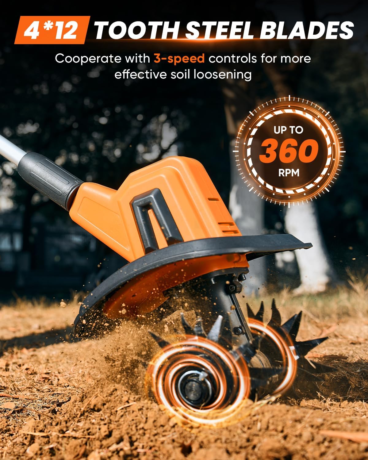 Saker 22V Cordless Electric Garden Tiller Cultivator, Rototiller for Gardening with 3 Adjustable Speed, 9-Inch Tilling Width, 6.3-Inch Depth for Soil Preparation, Weeding, and Gardening SK-TC18A