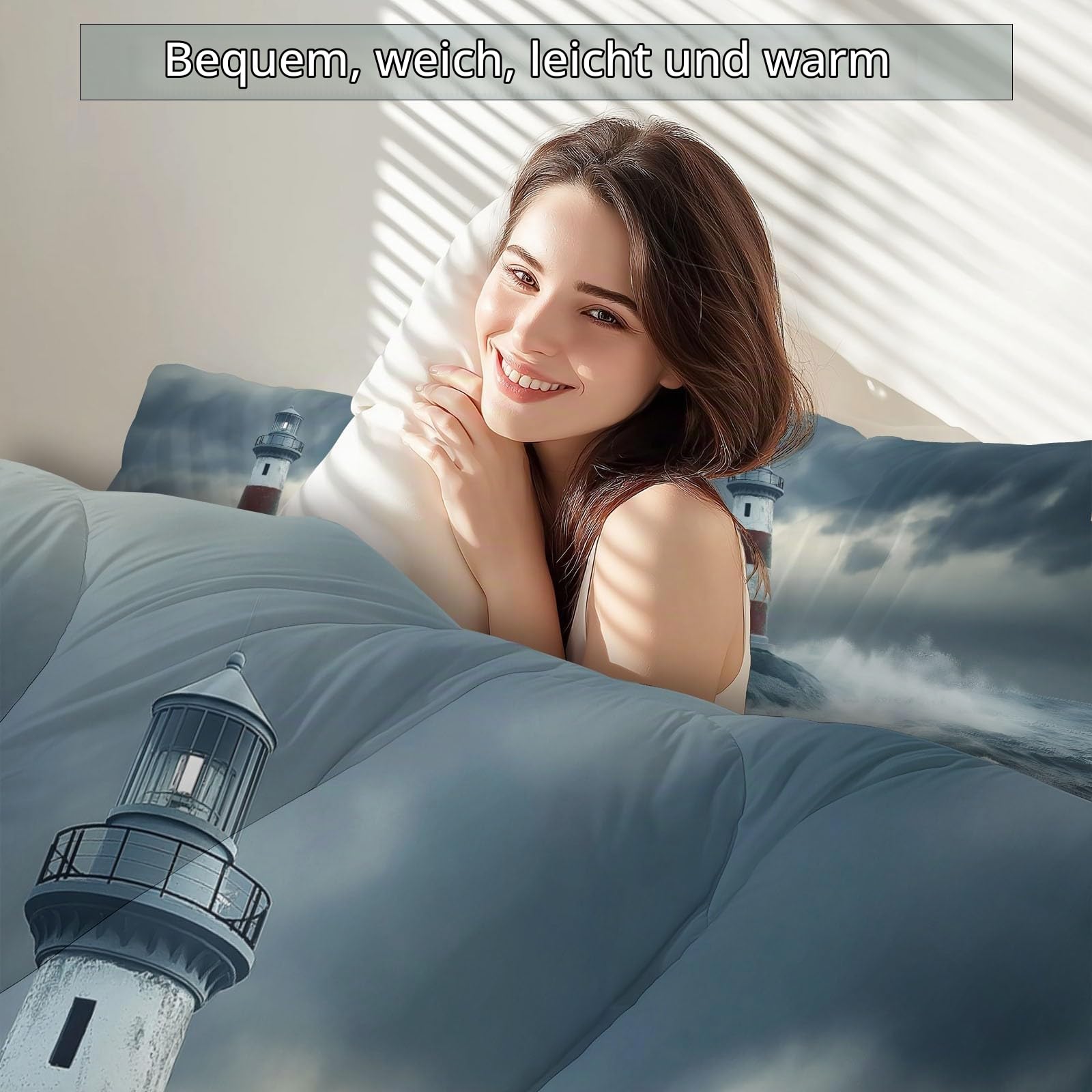 Natürliche Wellen Leuchtturm Ganzjahresdecke, 4 Jahreszeiten Waschbare Bettdecke Ohne Bezug, Wendbare Tagesdecke aus Mikrofaser, beidseitig verwendbar, 135x200 cm, Graublau