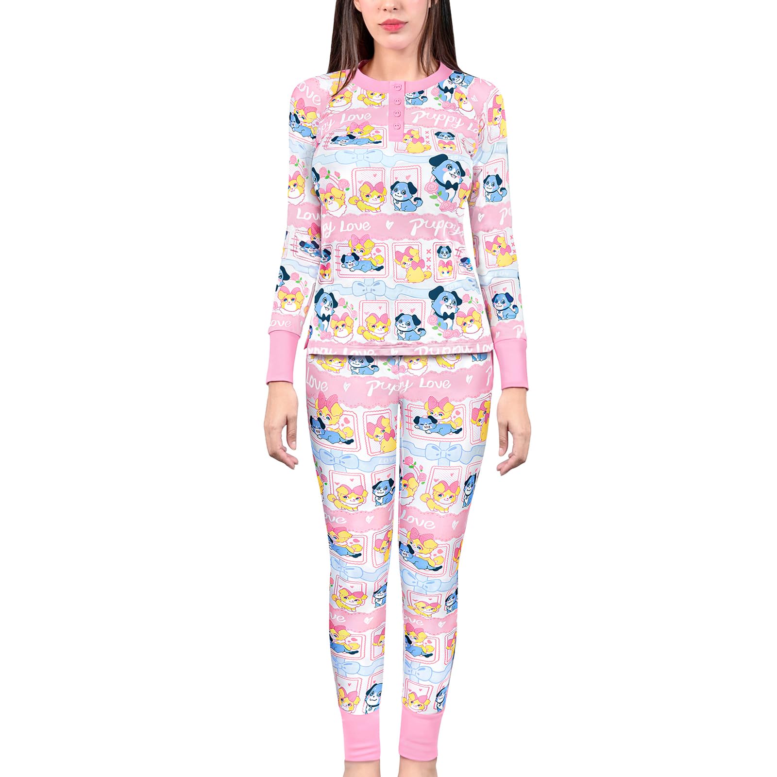 LittleForBig Conjunto de pijama de dos piezas para mujer, de manga larga, suave, transpirable, con texto en inglés "Puppy Love Little Blue"