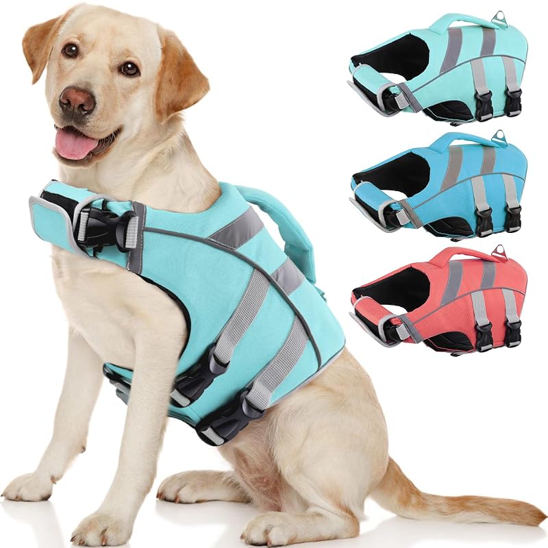 Colete salva-vidas refletivo para cães Kuoser com alça e ajuste, LightGreen, XS