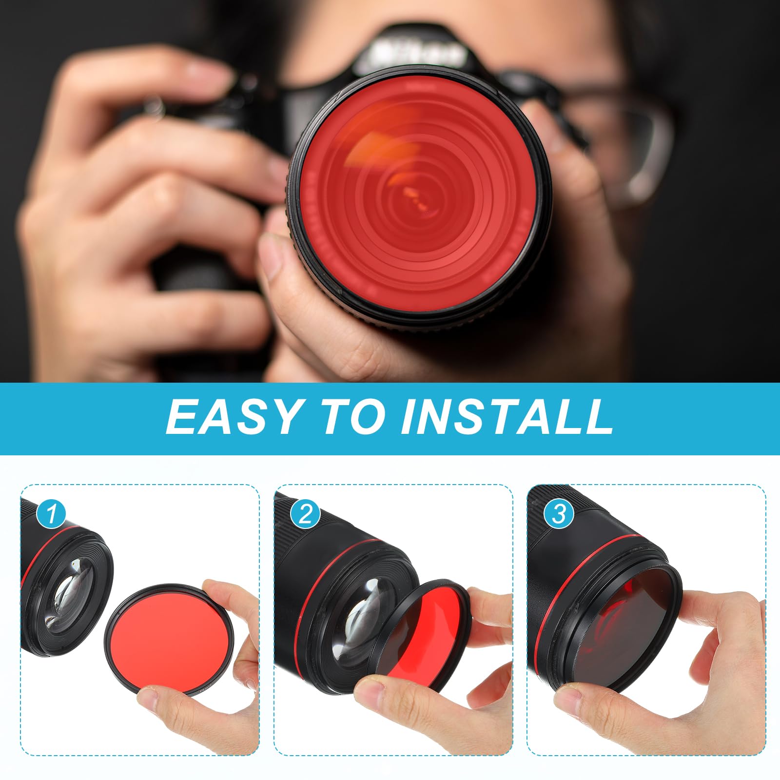 QUARKZMAN Filtro Per Obiettivo Da 52mm, Filtro Fotografico Rosso Completo In Resina Ottica Rotondo Anti Graffio Filtri Fluorescenti Universali Per Fotocamera Obiettivo Fotografico
