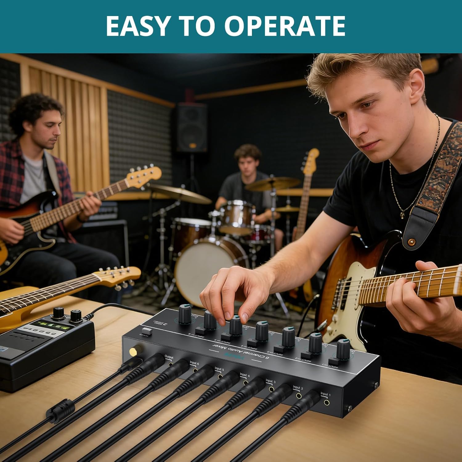 Mini Audio Mixer, 6 Channel Stereo Line Mixer 1/4" & 1/8" TSR Audio Output Input Jack, Line Mixer Stereo/Mono Independent Control and Switch for Guitars,Bass,Keyboards, Dynamic Microphone