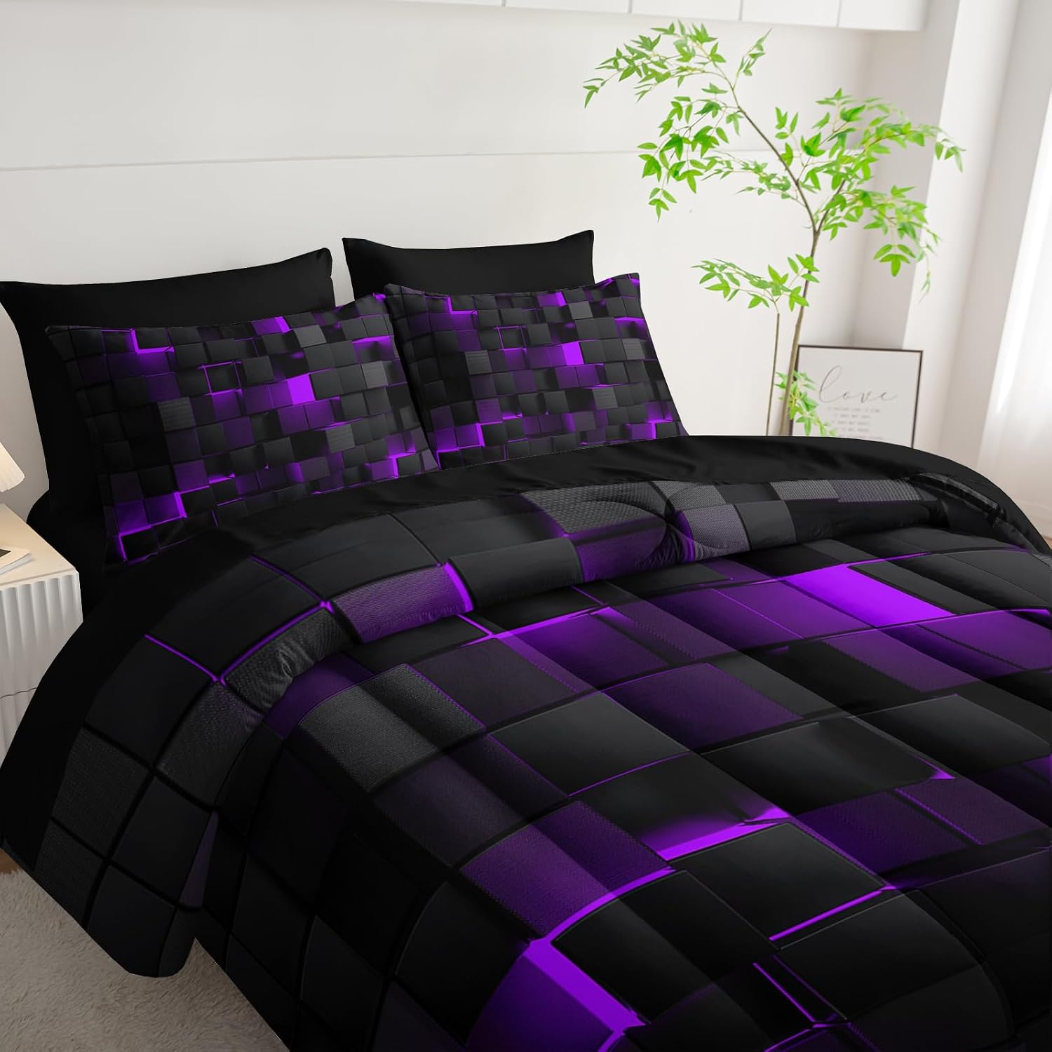 Nttopship Geometric Violet Black Twin Comforter Set,Light Honeycomb Bedding Set 7 Piece in A Bag,Bed Sheet Set Geometry Decor,Microfiber Lightweight All Season image 3